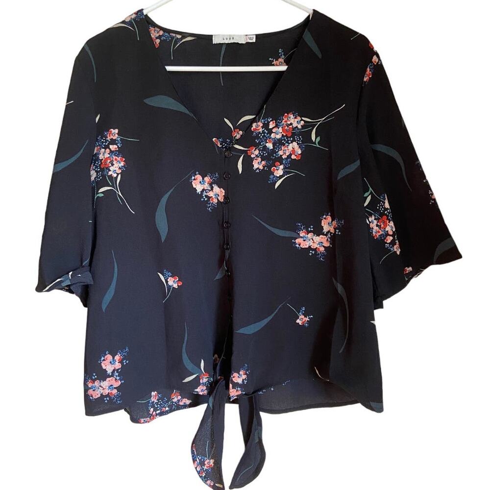 Lush Boho Black Floral Short Tie Top  Gauzy Flowy Summer Shirt Blouse Size L